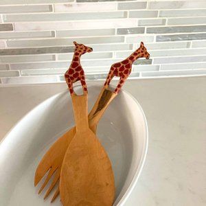 Global Crafts Fair Trade Hand Carved Giraffe Olive Wood Salad Serving Se…